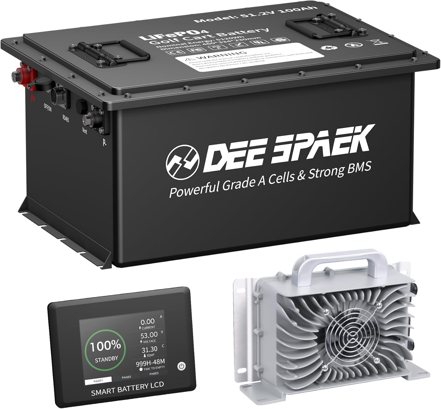 48V(51.2V) 100AH LiFePO4 Lithium Golf Cart Battery, 200A BMS,Metal Case, 32 Charging,Stackable for RV,Solar Off-Grid,8000+ Cycles