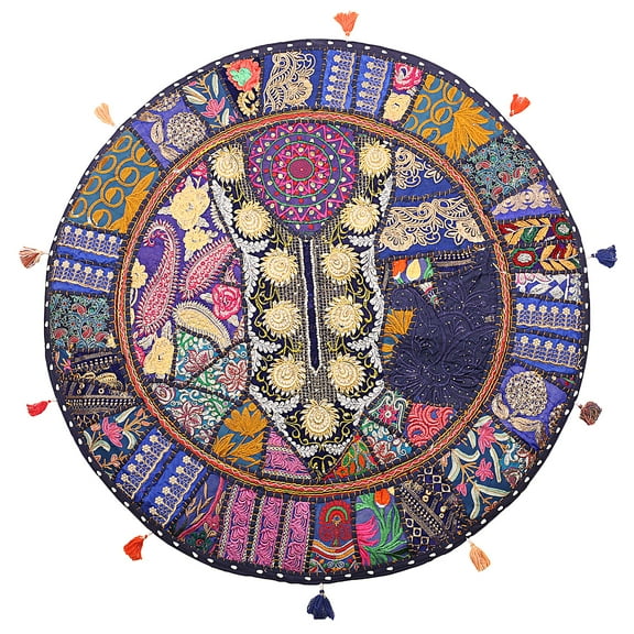 Stylo Culture Indian Round Throw Pillows For Couch Vintage Patchwork Floor Cushion Cover Dark Blue 28x28 Large Decorative Decor Seating Tuffet Seat Pouf Cover Footstool Cotton Embroidered 1 Pc