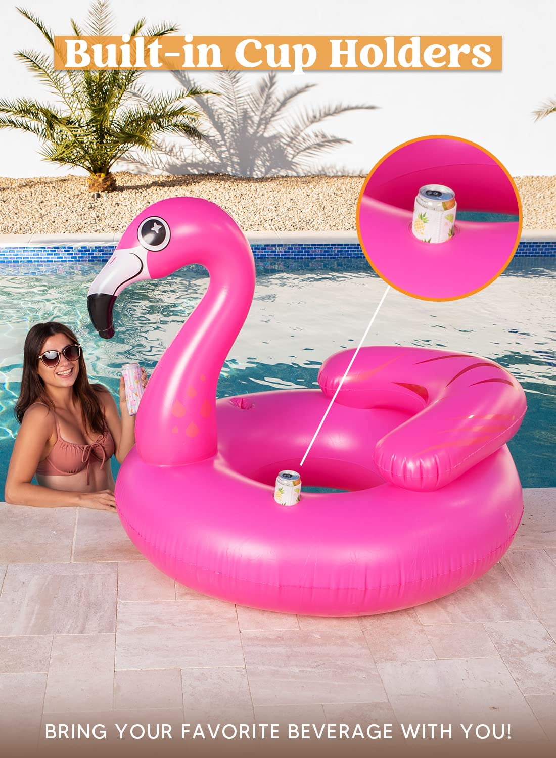 Joyfy 45" Inflatable Flamingo Pool Float, Summer Pool Raft Lounge for Adults & Kids, with 2 Cup Holders and Head Rest