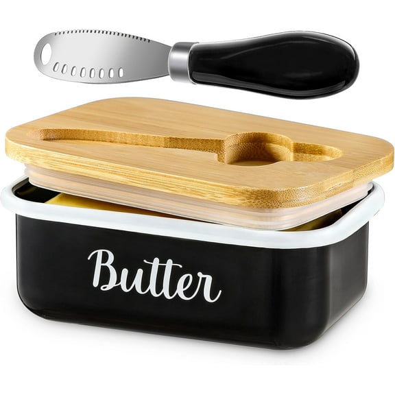 Butter Dish with Lid and Butter Curler Knife - Unbreakable Stainless Steel Keeper Container with Double Silicone Sealing, for Kitchen Farmhouse Decor