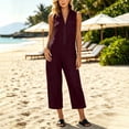 thumbnail image 5 of Capri Jumpsuits for Women Zipper Front Sleeveless Casual Rompers Wide Leg Collared One Piece Jumpsuit Wine, L, 5 of 6