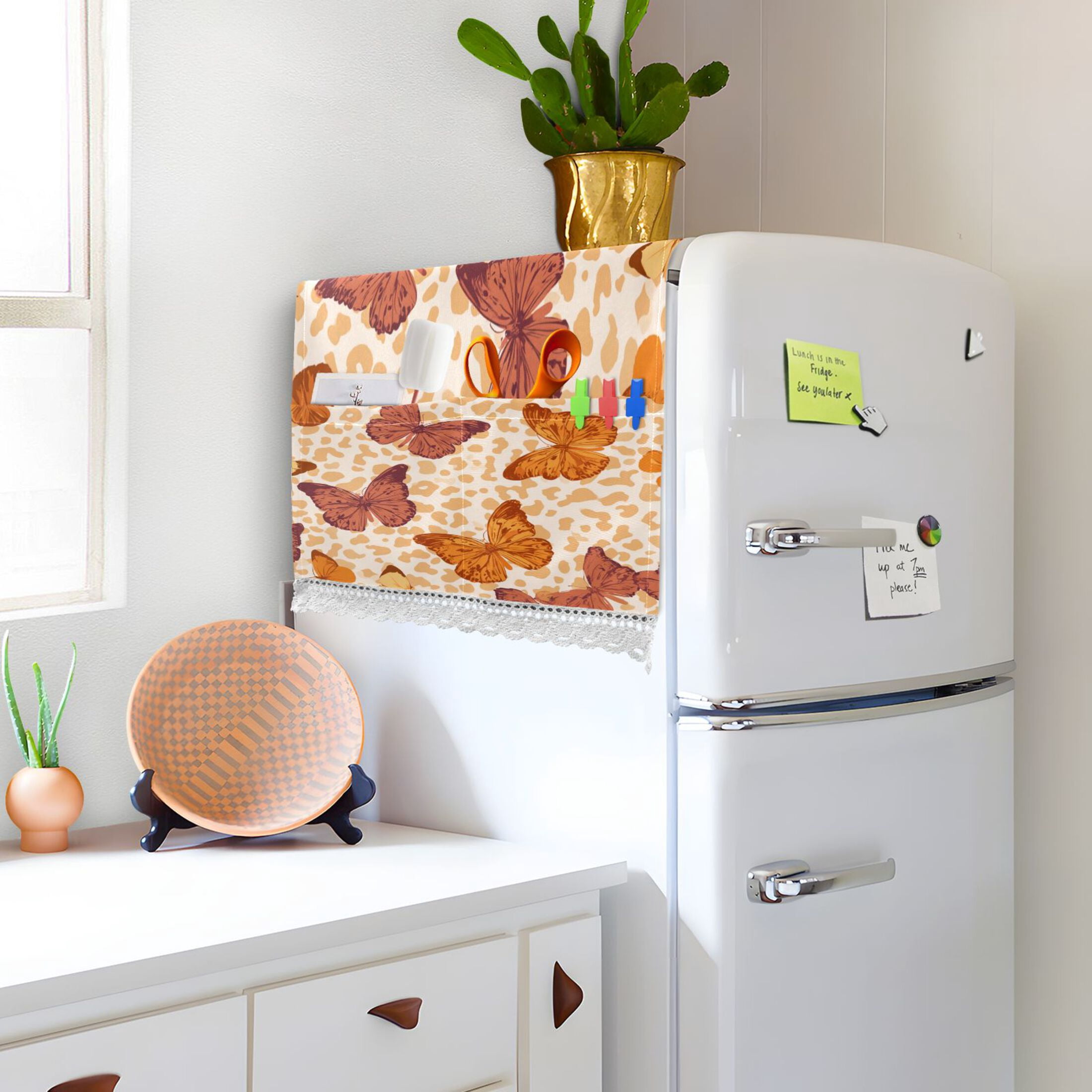 Washing Machine Cover 51.2x22in, Durable Polyester Dust Cover with Lace Trim and Side Pocket for Appliances Leopard Print Butterfly