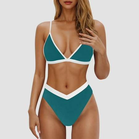 OSFVNOXV Women s Bikini Swimsuits 2 Piece Color Blocked Bathing Suits Full Coverage Bikini Top Spaghetti Strap Lightly Lined Everyday Bra and Swimwear Bottom Underwear Clearance