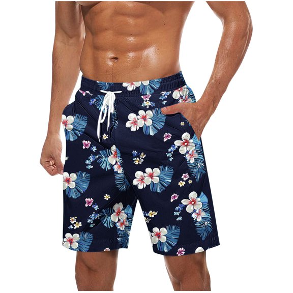 BVnarty Men's Plumeria Mixed Floral Board Shorts Elastic Waist Drawstring Convenient Pockets Quick Dry Breathable Outdoor Vacation Beach Casual Shorts Dark Blue XXL