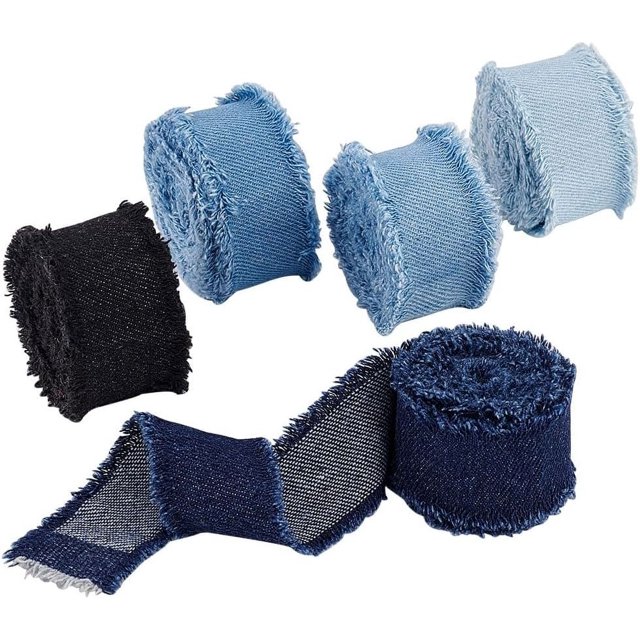8.5 Yds x 1-1/8 inch 5 Colors Denim Ribbon Rustic Frayed Fringes Fabric Ribbon for Wedding Invitations Gift Wrapping Bridal Bouquets DIY Crafts 5 Rolls