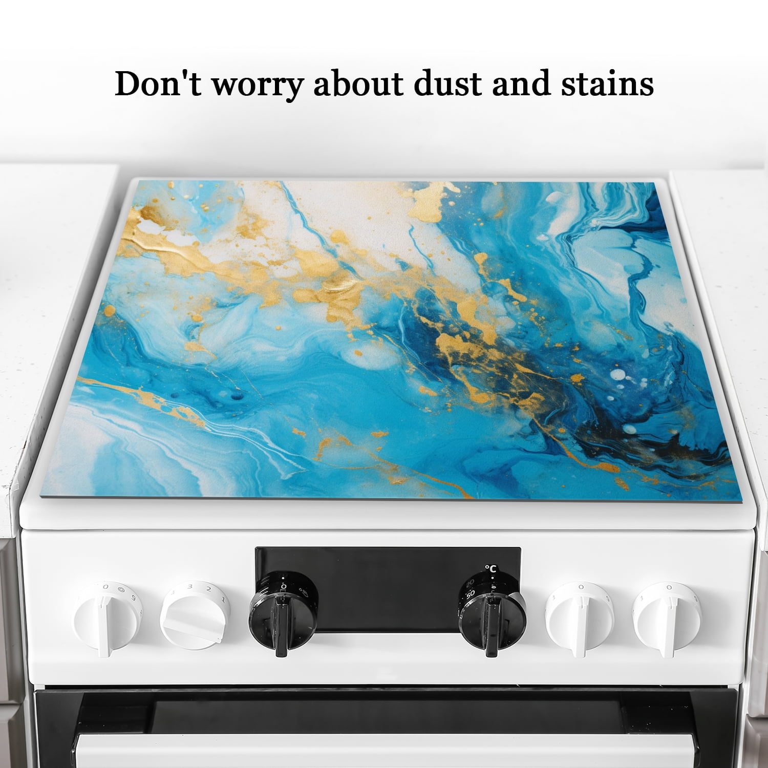 Decorative Stove Top Covers for Electric Stove, Gold Blue Marble Print Anti-slip Stovetop Cover Mat, Modern Decor Foldable Pad for Kitchen RV (28×20 Inch)