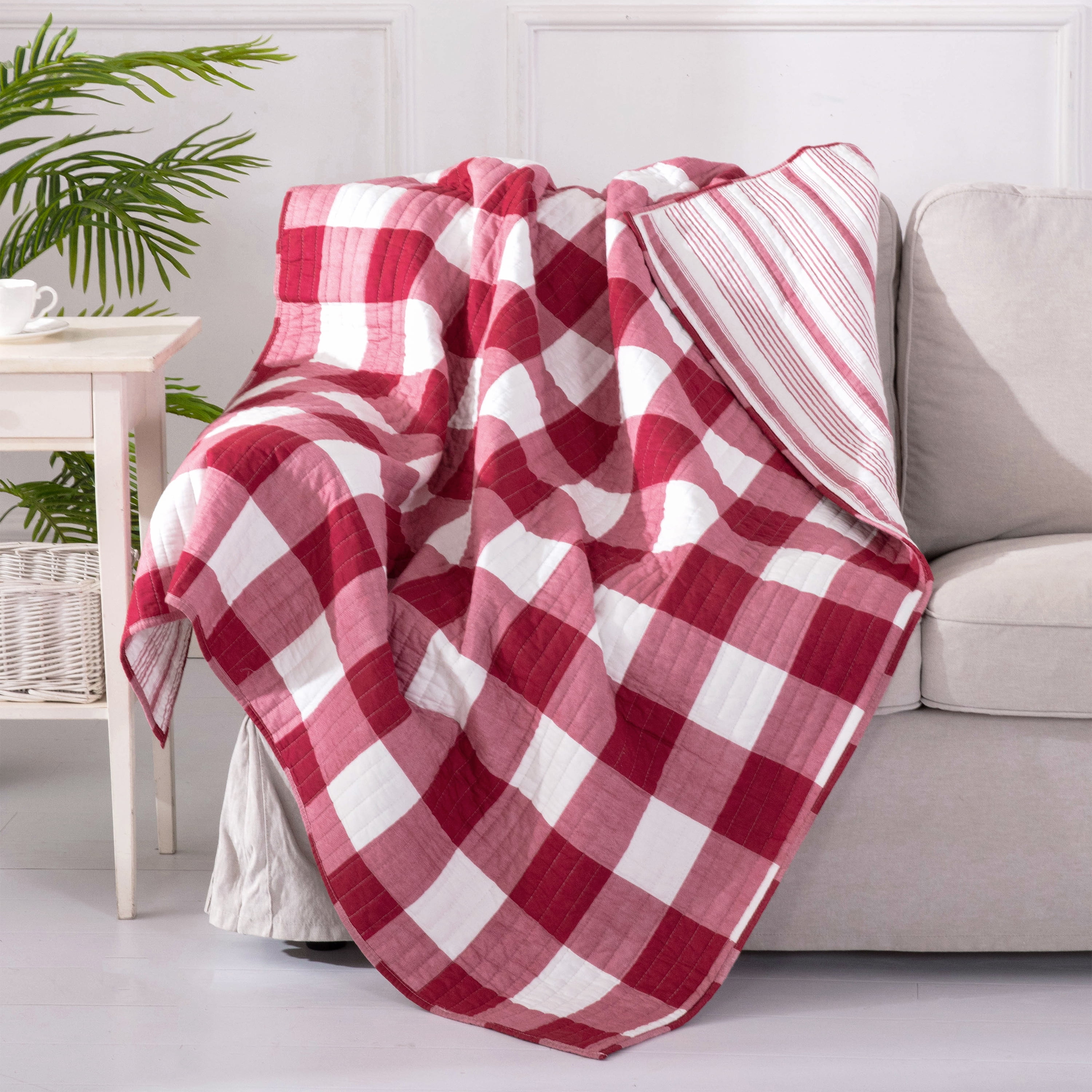 Cozy 100% Cotton Red Gingham Check reverse to Black Quilted Throw Blanket 50x70" 
