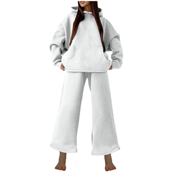 Two Piece Running Sweatsuit Fashion Women Casual Solid Color Long Sleeve Hat Pockets Elastic Waist Long Sleeve Blouses Sets Two Piece Outfits S-166 White L