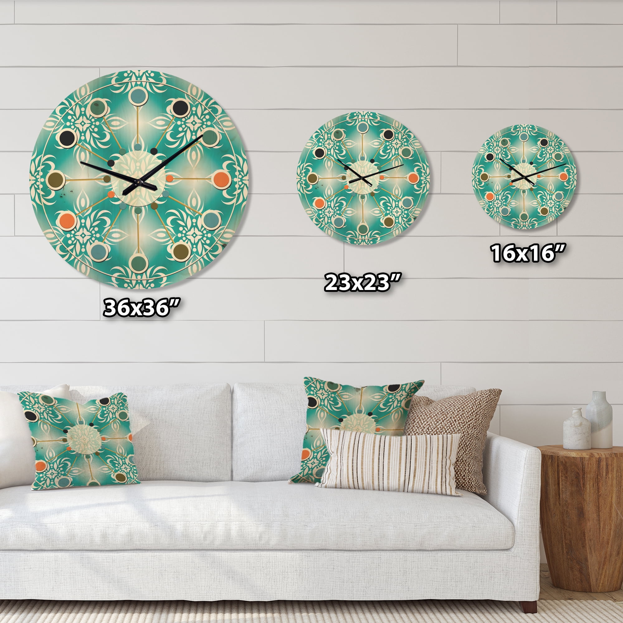 Designart 'Turquoise Retro Pattern' Mid-Century Modern Wood Wall Clock