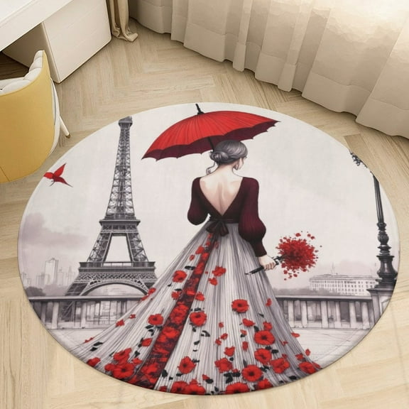 Red Poppies on Dress Round Area Rugs for Bedroom Living Room, 4FT Soft Comfy Indoor Circle Carpets, Floor Mat