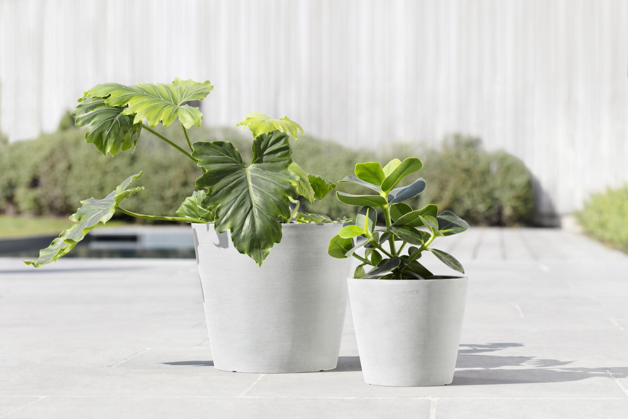 Ecopots 10" x 9.75" Round White Plastic Plant Planter with Drainage Holes