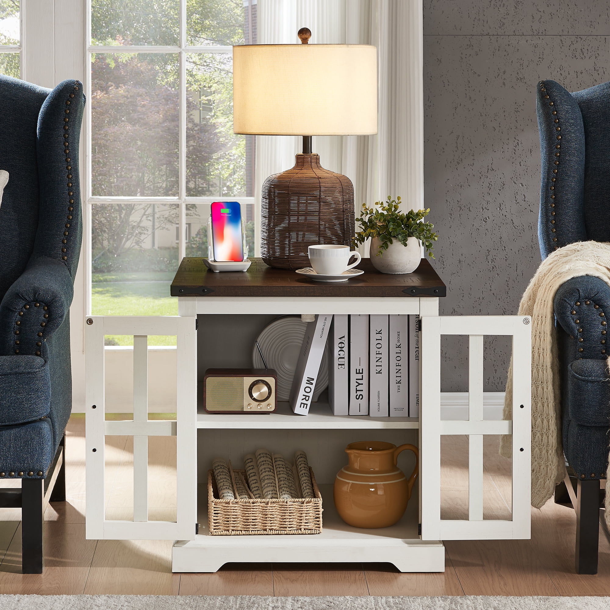 24'' Squre End Table, Nightstand Sofa Table with Glass Door, Side Table with Shelf for Living Room Bedroom, White