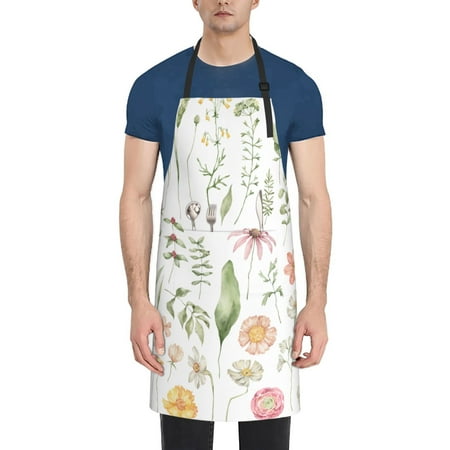 

Qekee Wildflower Watercolor 2 Print Waterproof Apron with Pockets Adjustable Cooking Aprons Kitchen Bib for Baking Household Cleaning