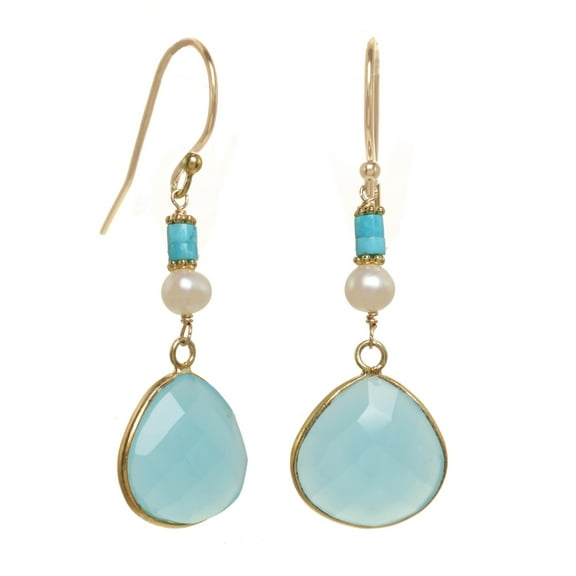 14k Gold-filled Leverback Earrings with Large Sea-Blue Chalcedony Bezel Drops Accented with Turquoise and Freshwater Pearls for Women, Unisex Stylish Everyday Earrings