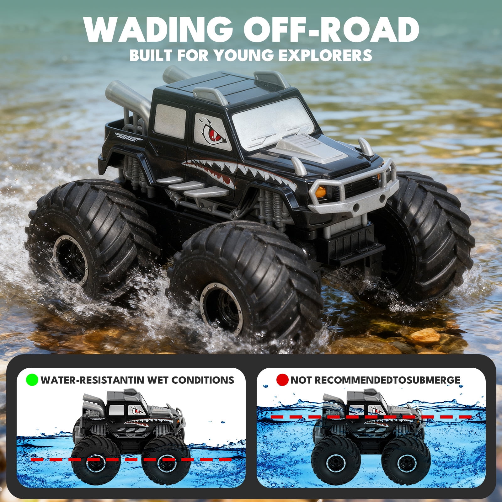 Ficcug Remote Control Cars,2 in 1 Land Water Monster Truck Toy,1:16 4WD off Road RC Cars for All Terrain,Gifts for Kids Boys Girls,Black