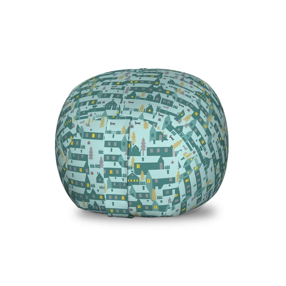 Urban Storage Toy Bag Chair, Geometric Architecture Design Houses Pets Trees Cozy Town Scene, Stuffed Animal Organizer Washable Bag, Small Size, Pale Petrol Blue and Yellow, by Ambesonne