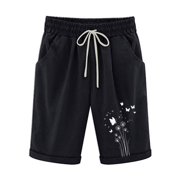 Pantalones Elásticos de la Cintura para las Mujeres Impresos Medias Pantalones Cortos, Bolsillos Casuales Poliéster para Toda la Temporada
