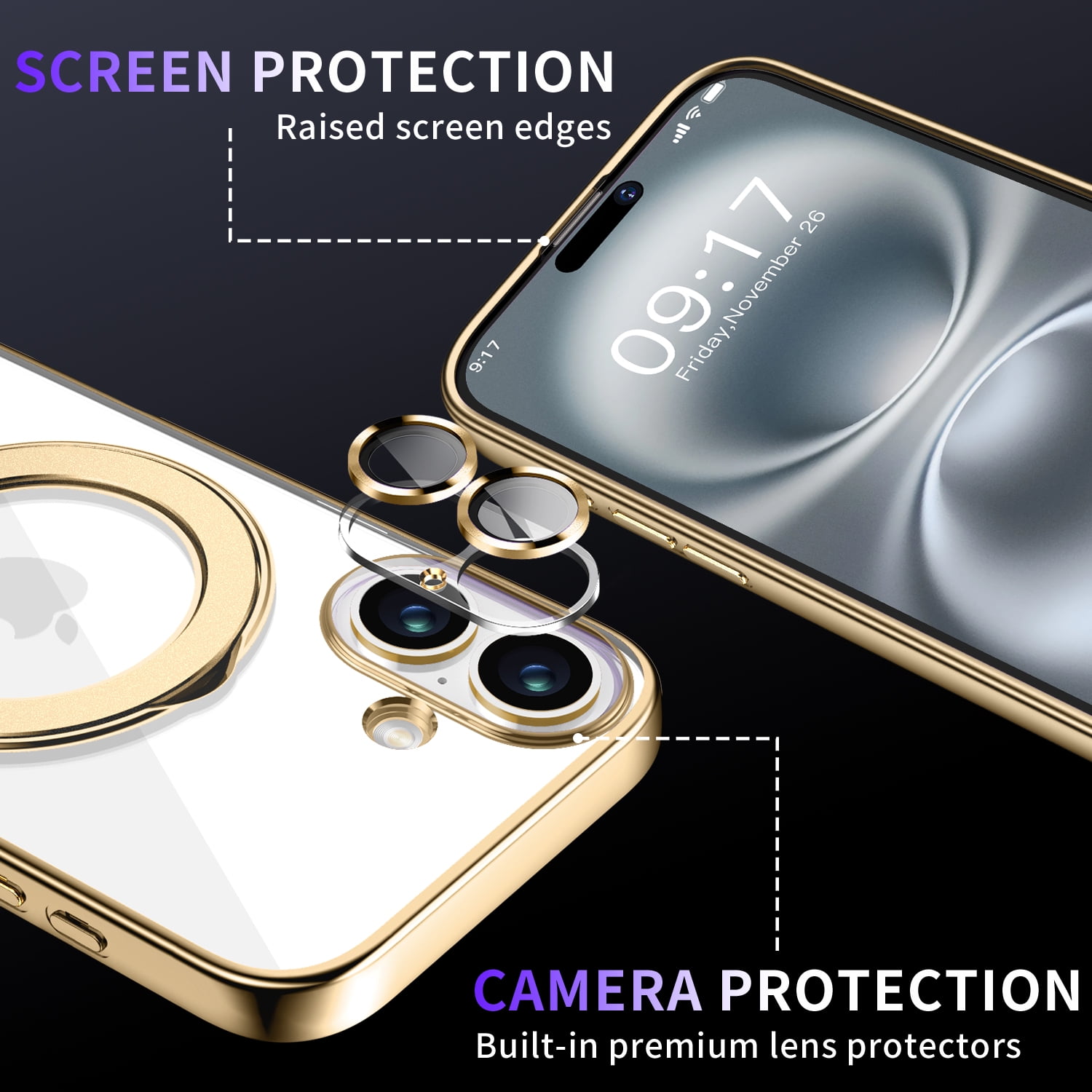JETeacka Magnetic for iPhone 16 Case with Invisible Kickstand, MagSafe Compatible, Camera Protection, Shockproof Not Yellowing Slim Soft Cover, Gold