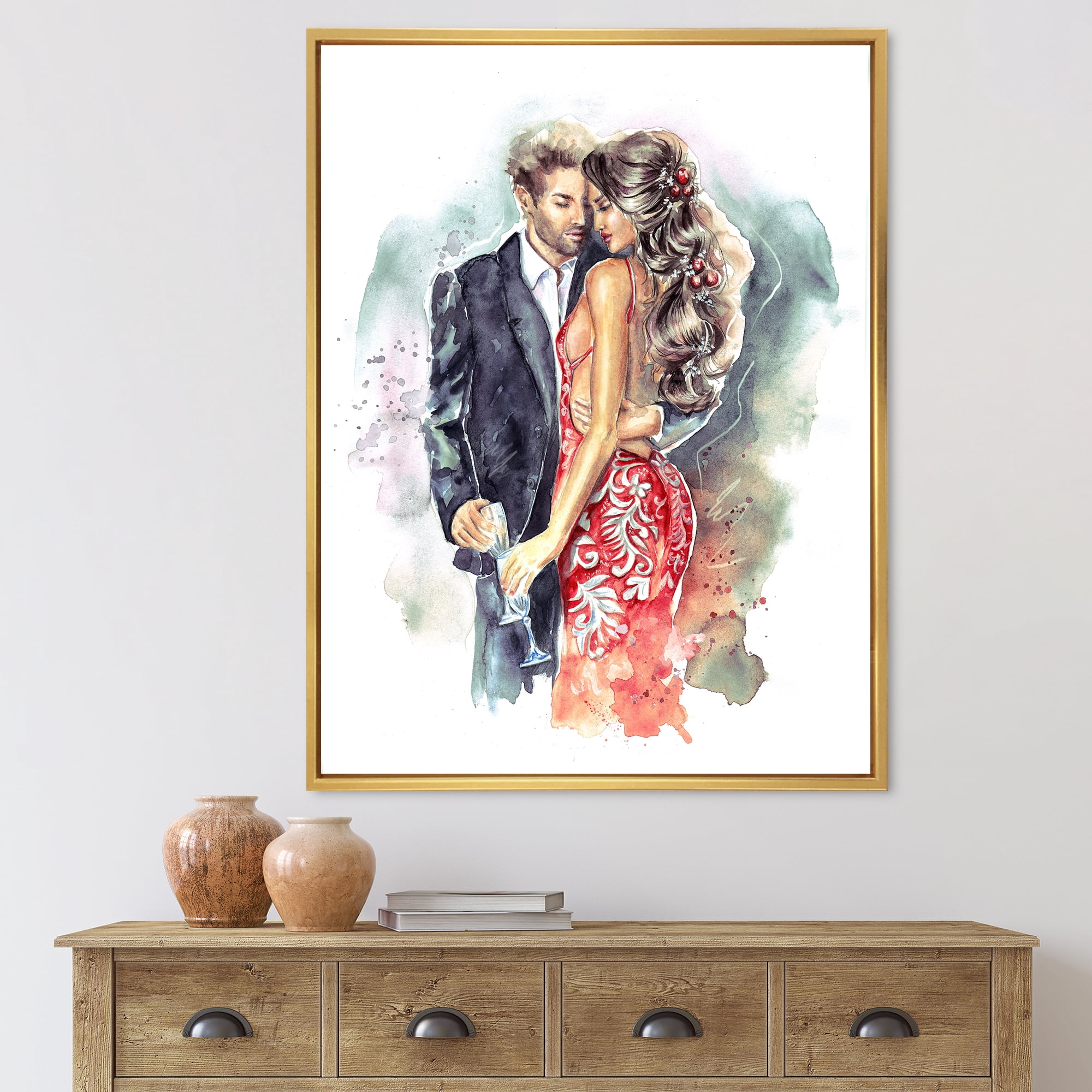 Romantic Couple Ith Champagne Glasses At New Year Party 30 in x 40 in Framed Painting Canvas Art Print, by Designart