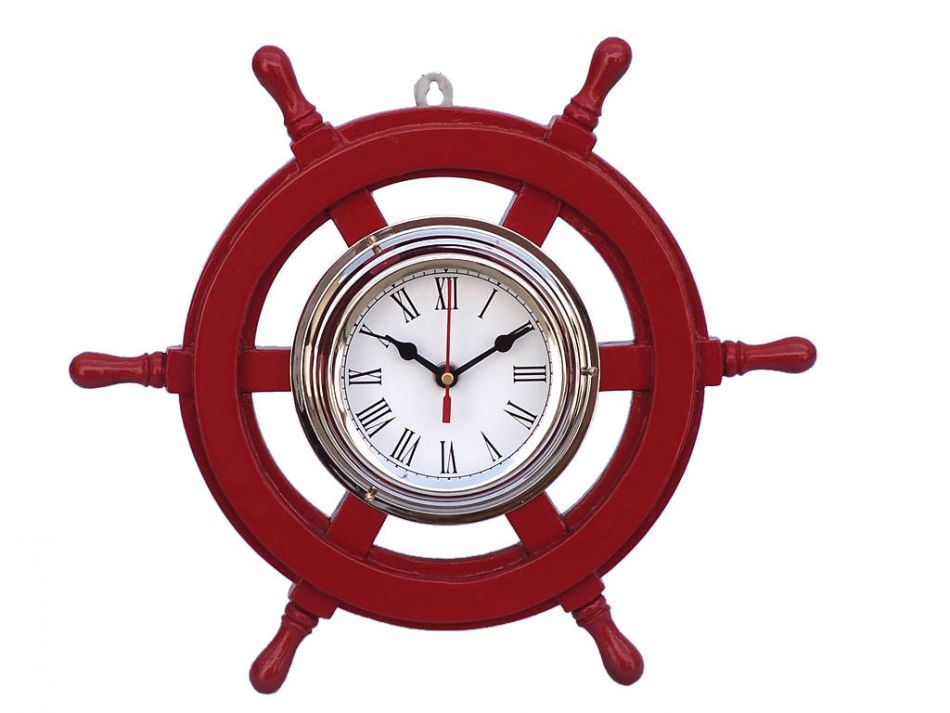 Deluxe Class Red Wood and Chrome Pirate Ship Wheel Clock 12" Decorative Clock Nautical Decor