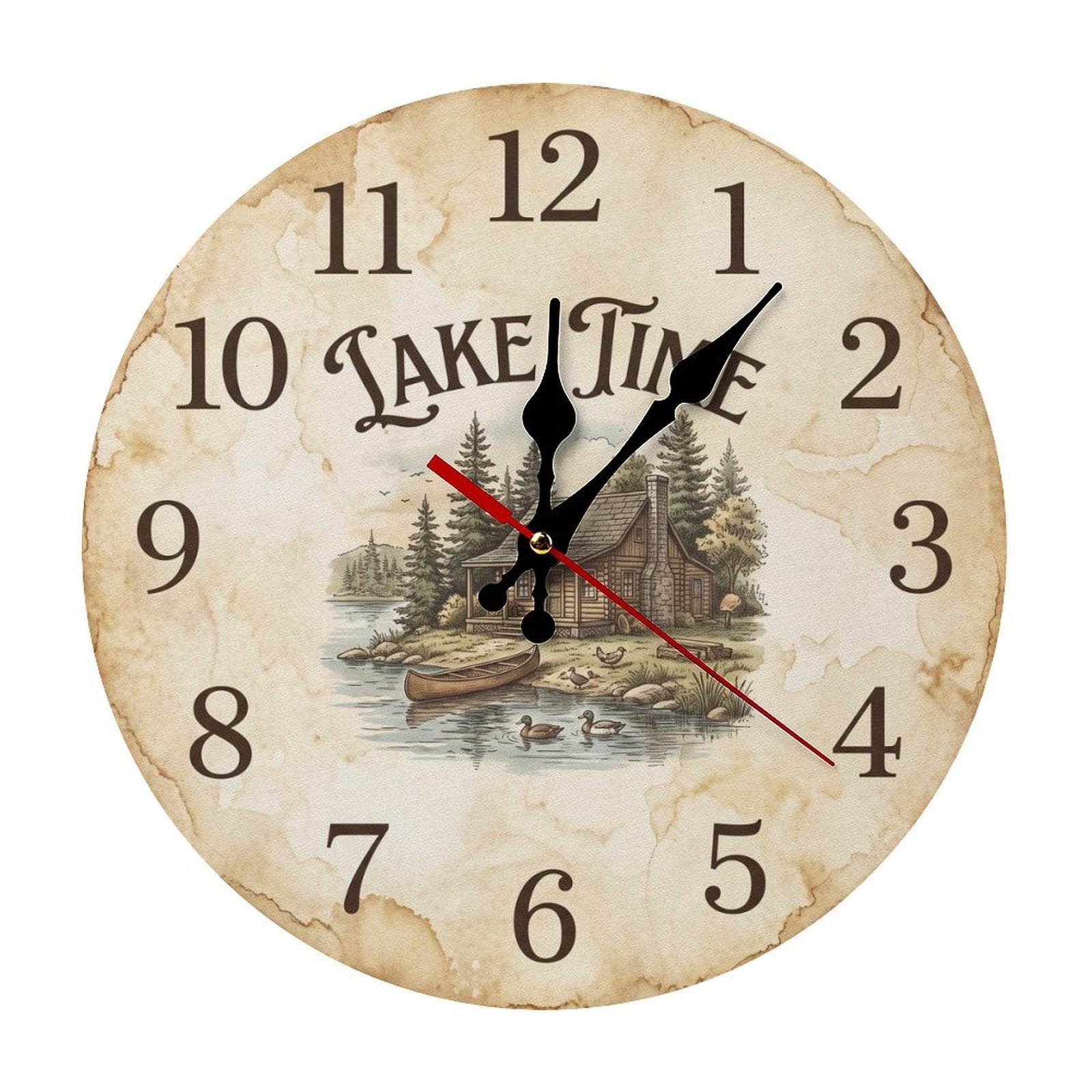 Lake Time Log Cabin Forest Art Durable Wooden Analog Wall Clock, Silent Sweep Clock for Living Room & Office Decor