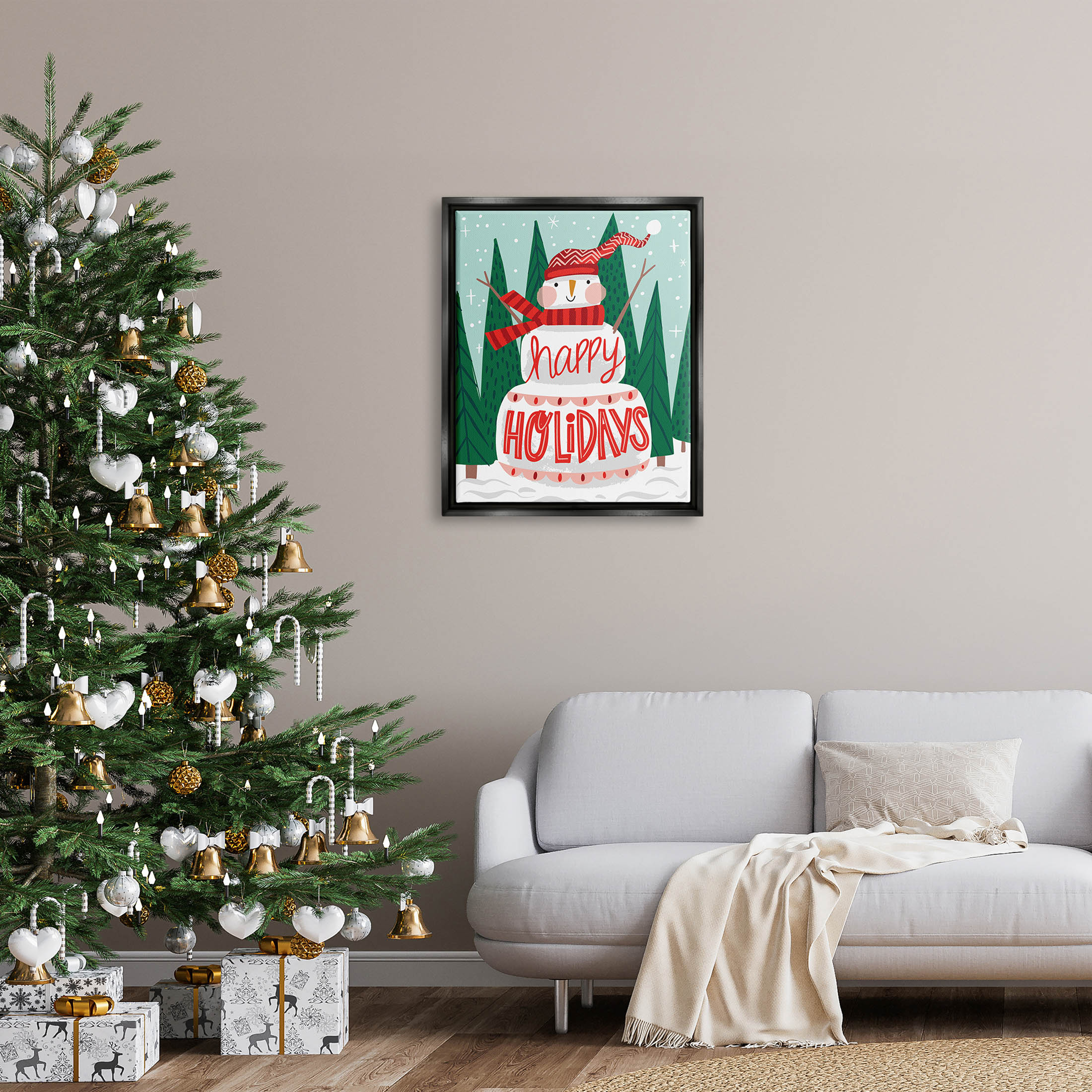 Happy Holidays Happy Snowman Holiday Graphic Art Jet Black Framed Art Print Wall Art