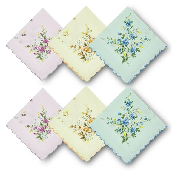 Women's 100% Cotton Handkerchiefs Assorted with Wavy Edge and Print Floral 6 Pieces ,Tiny Floral Print Women's Handkerchief with Crescent Edges