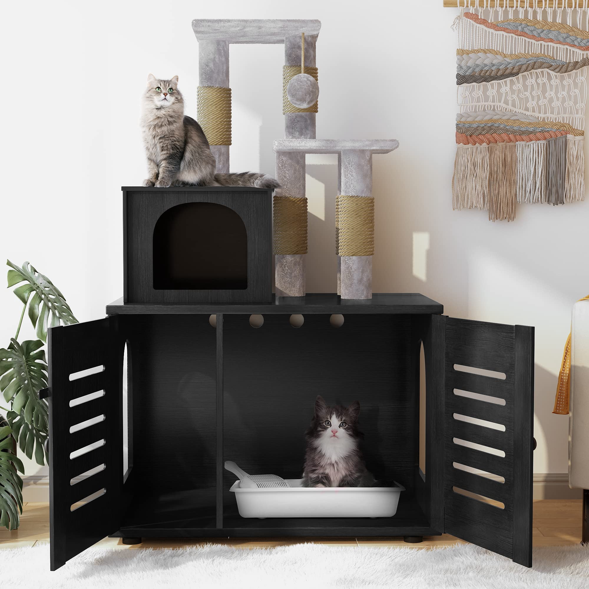 Baxluxe Cat Litter Box Enclosure with Cat Tree, Hidden Cat Washroom Furniture with Divider, Wooden Cat House with Platform, Scratching Post and Soft Plush Perch, Indoor Pet Cabinet, Black