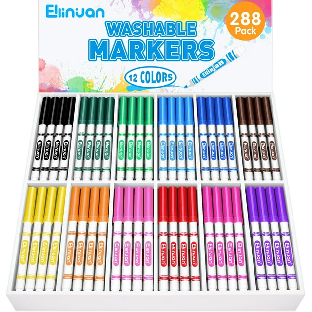 Ellinjan 288 Count Washable Markers Bulk, 12 Assorted Colors, Fine Line Colored Marker with Conical Tip, Washable Markers for Kids, Bulk M