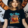 thumbnail image 3 of Women's Halloween T-Shirt, "Tis’ The Season" Candy-Filled Pumpkin Graphic Tee, Gold, Size M, 3 of 6