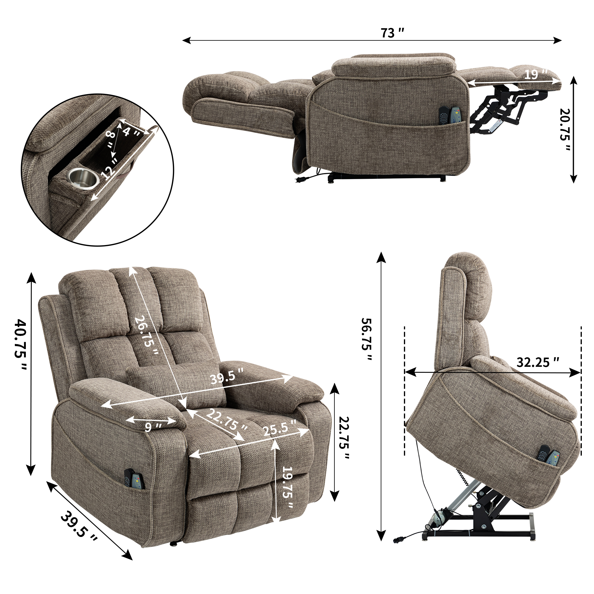 LITVZ Lift Recliner Chairs for Elderly, Lumbar Power Lift Chair with Heat and Massage, 180° Lay Flat Recliner with Extended Footrest, USB & Type-C Ports and Side Storage for Big Man 400lbs Sleeping