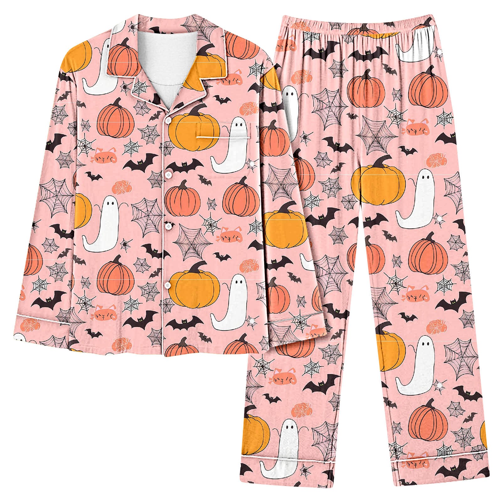 Enjoytime Halloween Womens Pajama Sets Pumpkin Ghost Print Turndown Collar Tops Loose Pants Cute Funny Sleepwear Plus Size Womens Clothing