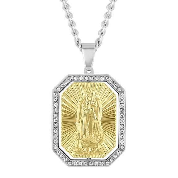Men's Stainless Steel Two-Tone Rotating Crystal Pendant with Cross & Our Lady of Guadalupe - Believe by Brilliance