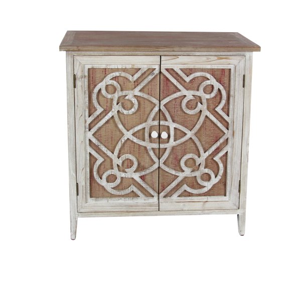 DecMode 28" x 31" Light Brown Wood 1 Shelf and 2 Door Geometric Cabinet with Carved Relief Overlay, 1-Piece