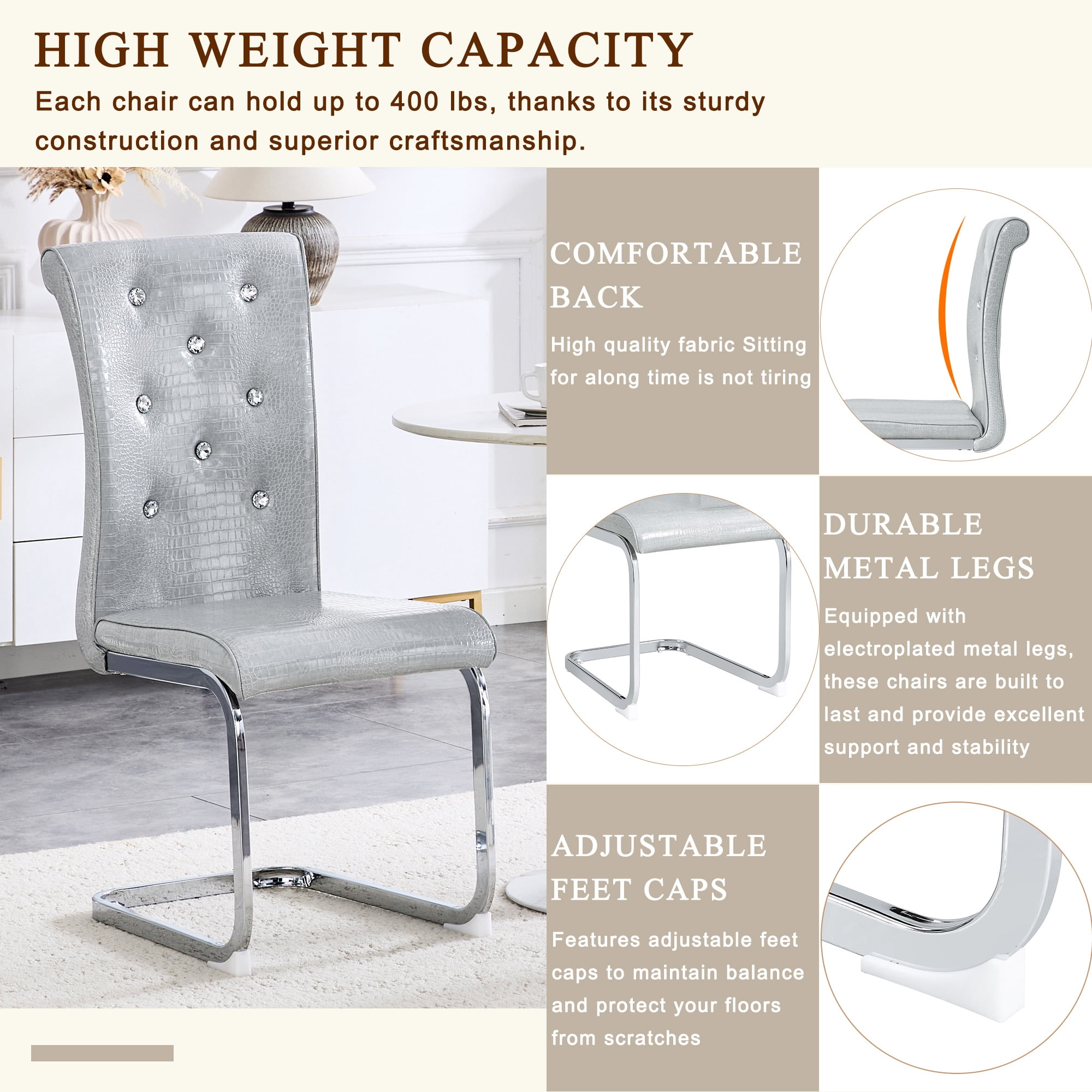 Aukfa Modern Dining Chairs Set of 2 , 400 lbs Heavy-Duty Faux Alligator Leather Kitchen Chairs with Crystal Button Tufted High Back,Gray