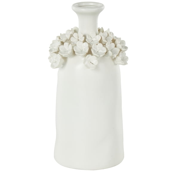 DecMode 12" Floral Round White Ceramic Vase with Narrow Opening