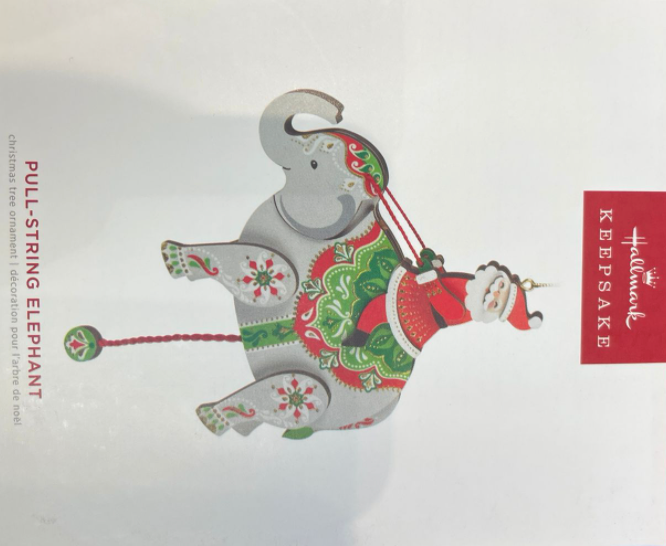 Hallmark 2022 PullString Elephant With Santa Wood Christmas Ornament