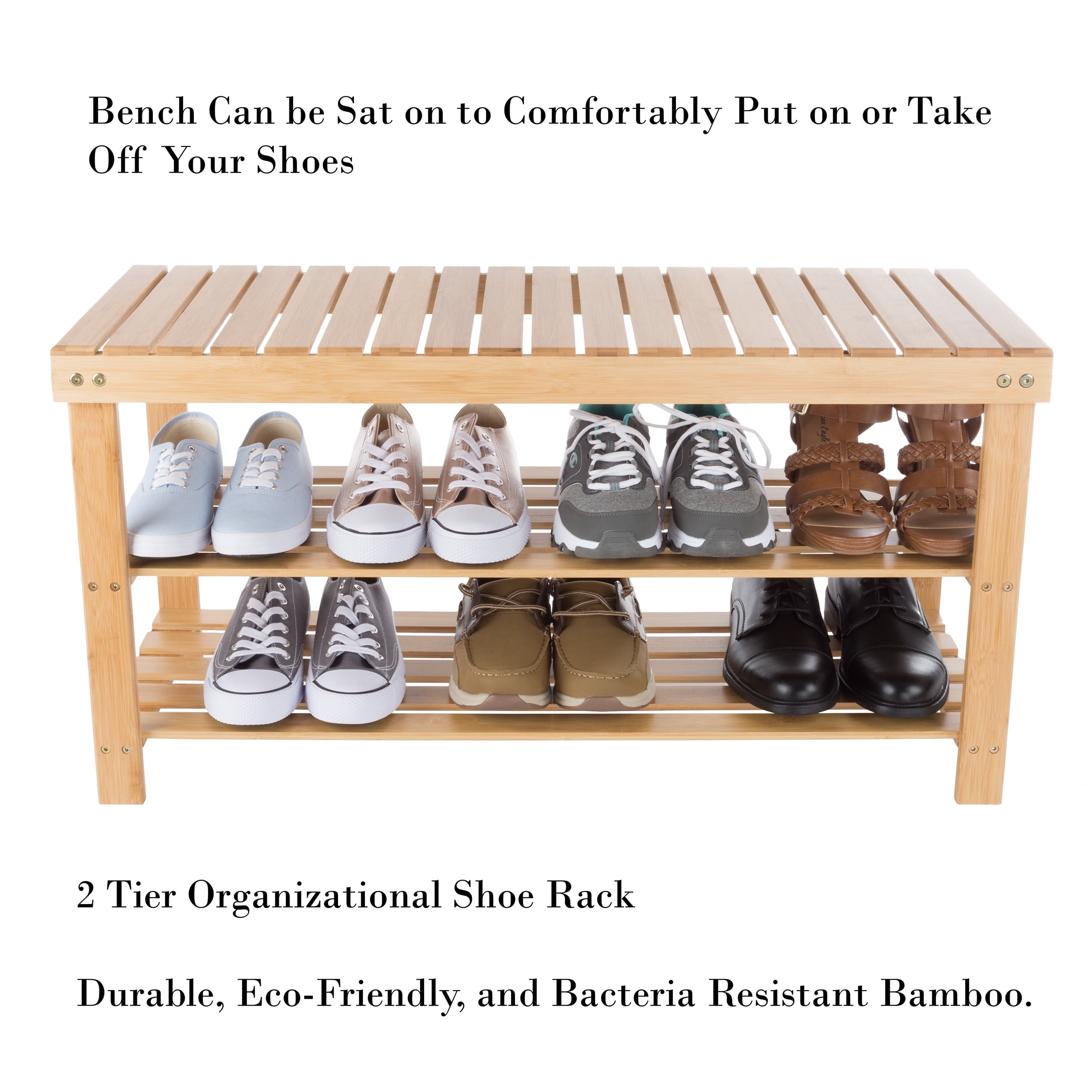Bamboo Shoe Rack Bench with 2 Shelves-Eco-Friendly Natural Wood Seat Storage and Organization-For Bedroom, Entryway, Hallways, Closets by Lavish Home