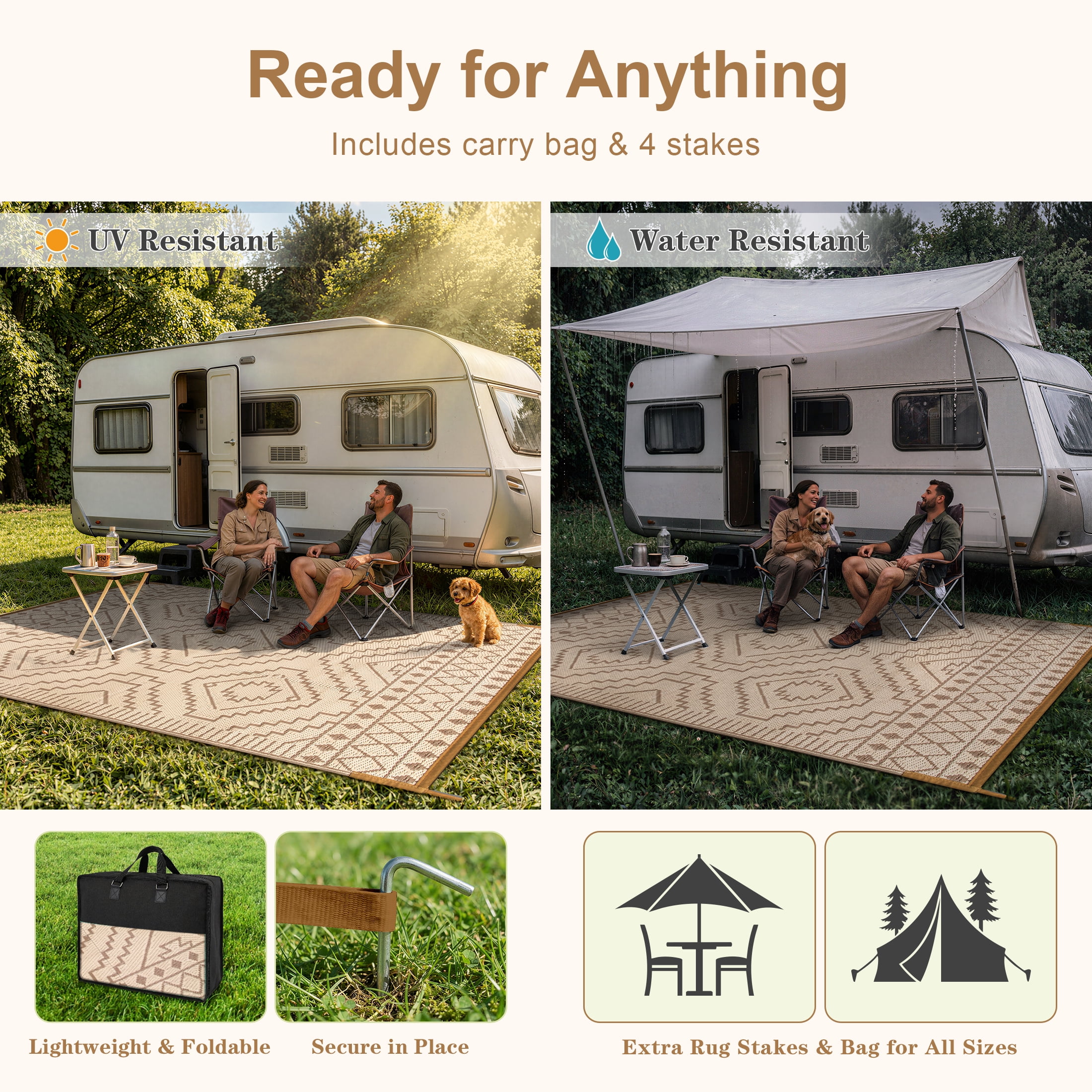 RUG ROBOT 8'x10' Waterproof Outdoor Rug, Reversible Plastic Straw Outside Rug for Backyard, Patio, Moroccan Indoor Outdoor Rug for Camping, Garden, Balcony, Camping & RV, Black/Brown