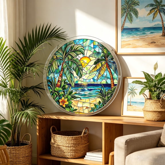 7.4" Stained Glass Style Acrylic Puzzle Suncatcher, Floral & Wildlife Themed Window Hanging Decor