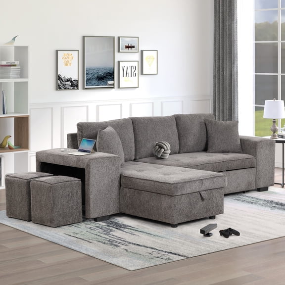 104.5" 3 Seat Reversible Sectional Couch, L-Shape Modern Pull Out Sleeper Sofa with Storage Chaise and 2 Stools for Living Room,Gray