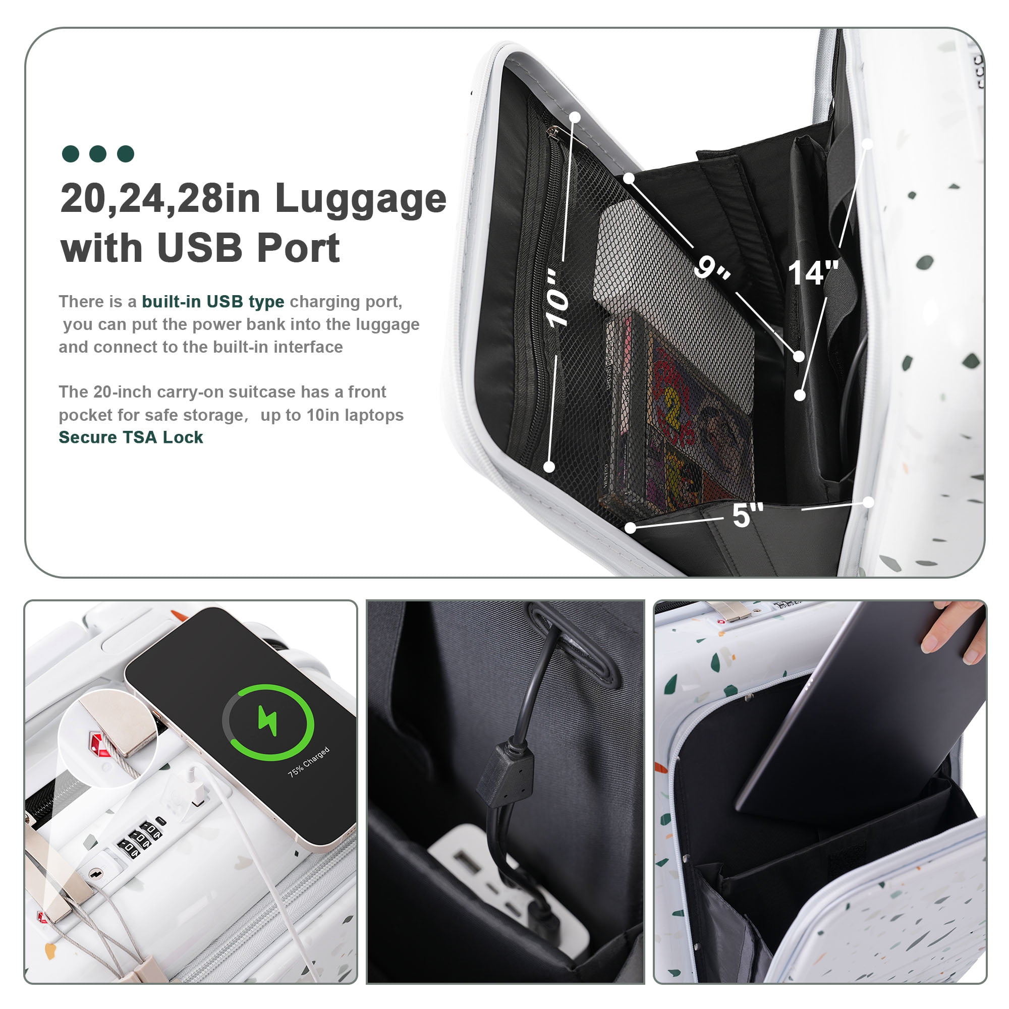 Noaman 3-Piece Luggage Set with USB Port, ABS+PC Spinner Wheels Ivory