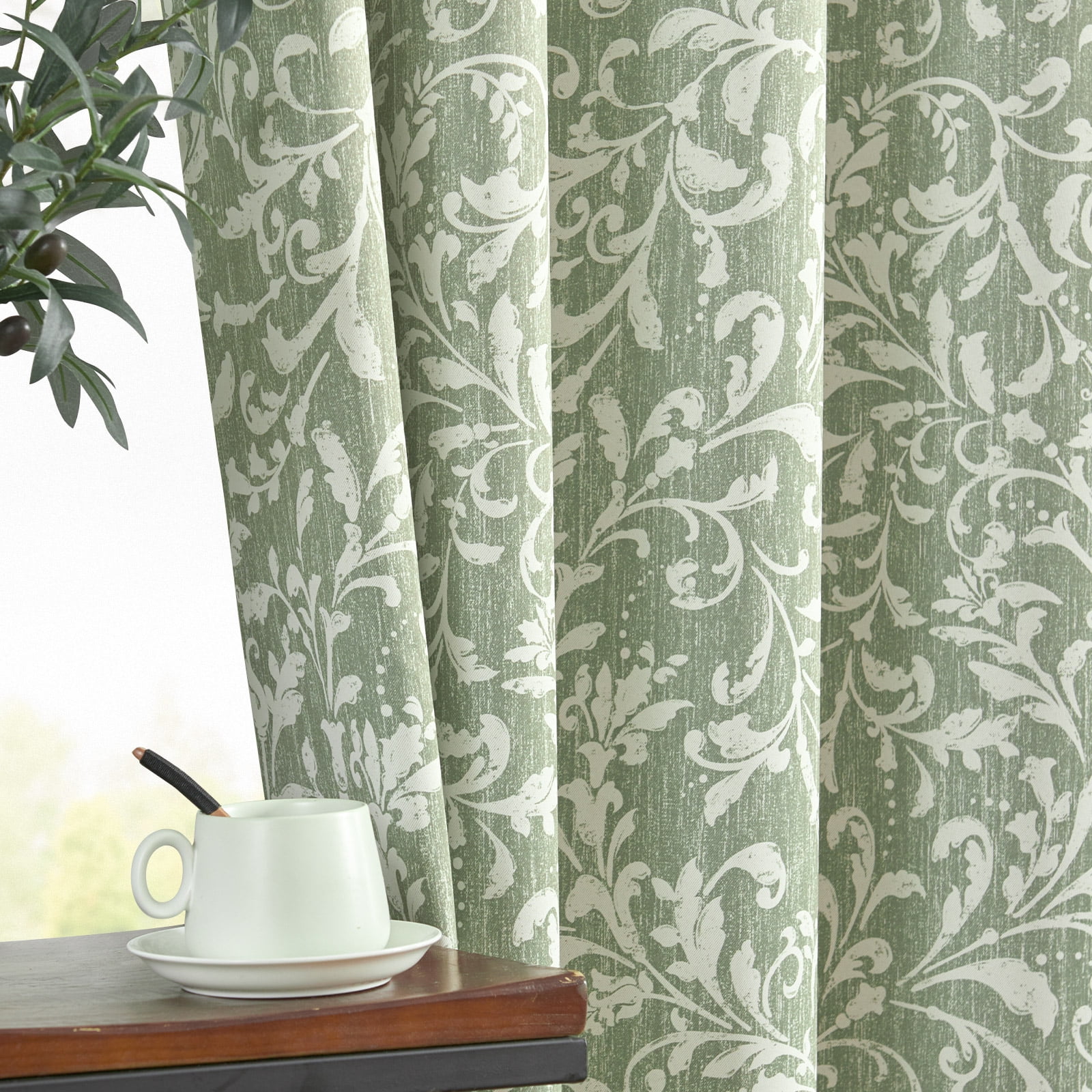 Curtainking 100% Blackout Curtains for Bedroom Green Scroll Floral Window Curtains Grommet Thermal Insulated Drapes for Living Room Farmhouse Vintage Window Treatments Set 84 Inch Length 2 Panels