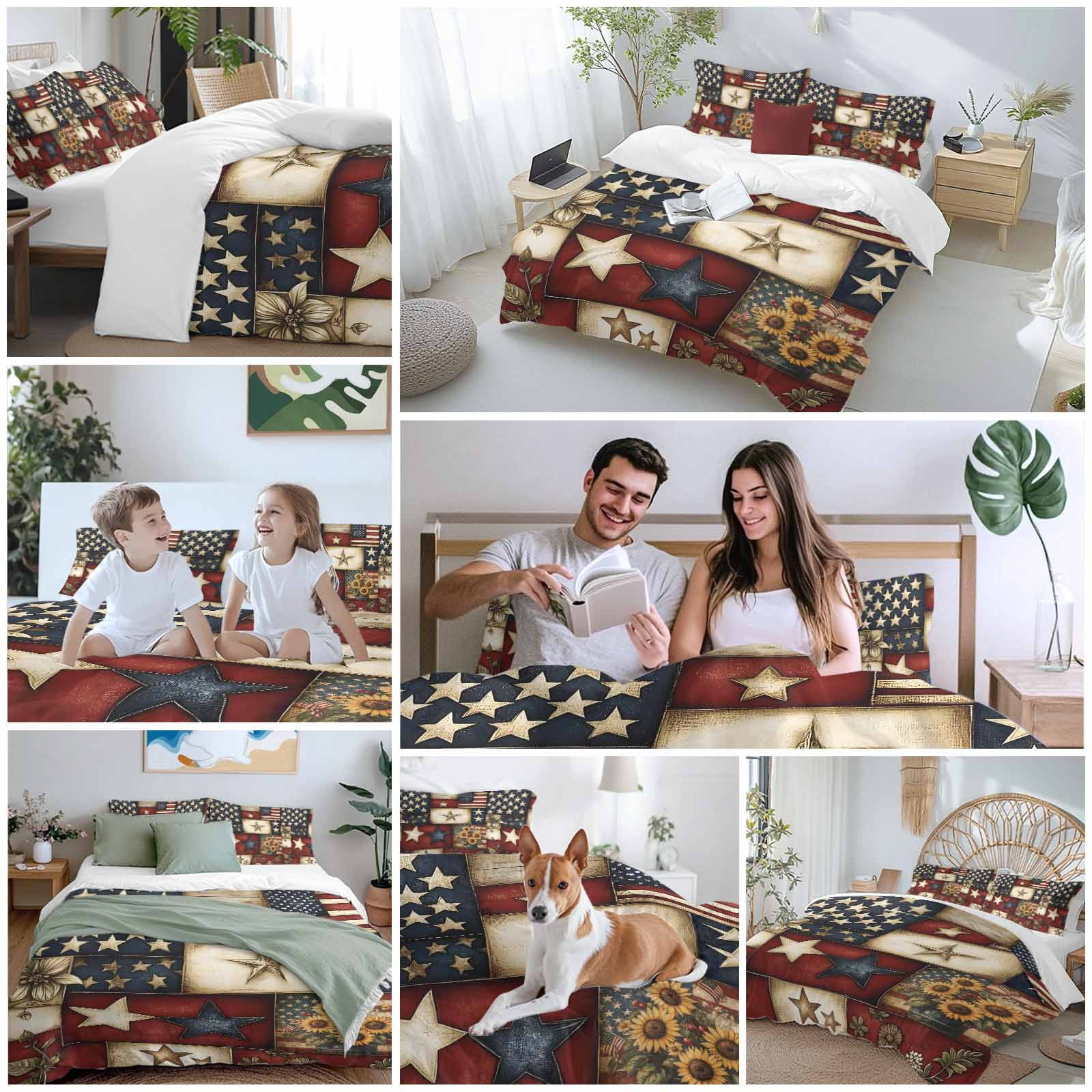 American Flag Bedding 3 Piece Duvet Cover Set California King, Texas Star Farmhouse Sunflowers Blue Red Soft Microfiber Comforter Cover with Zipper Closure & Pillowcases, FadeResistant Quilt Cover