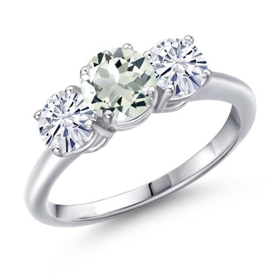 Gem Stone King 925 Sterling Silver Green Prasiolite and White Moissanite Engagement Ring for Women | 1.80 Cttw | Round 6MM | Gemstone Birthstone | Size 6