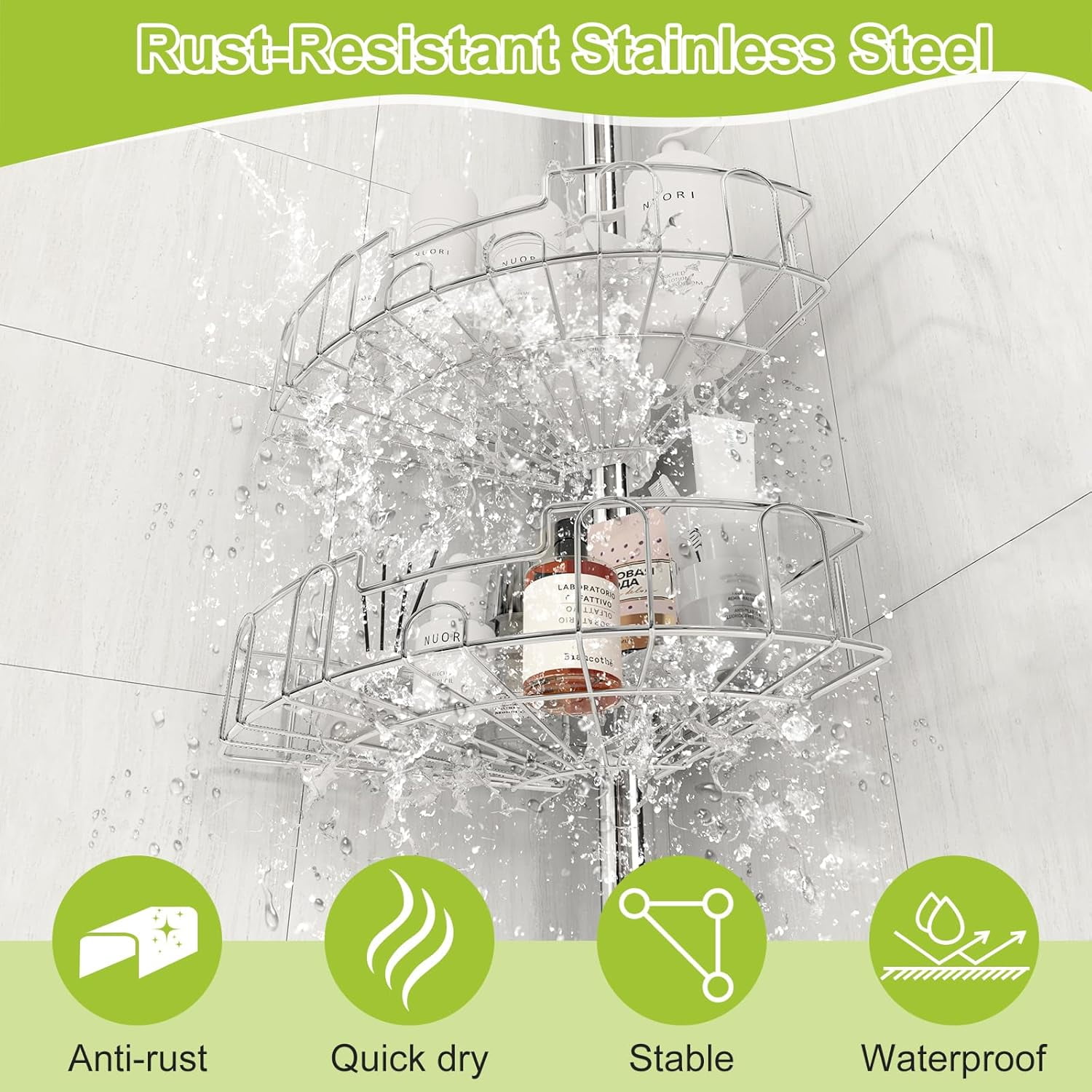 Silver Shower Caddy Corner Tension Pole, Stainless Steel AdjustableCorner Shower Caddy Stand for Bath Inside Shower Organizer Storage, Rust-Resistant, 54 to 125 Inch