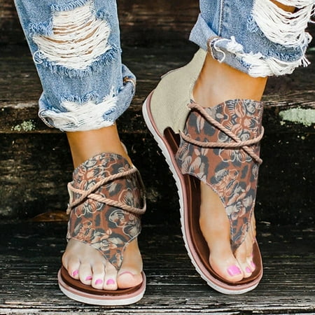 

Cathalem Wedding Shoes for Women Sandals Sandals For Women Summer Fashion Print Flat Dress Sandals for Women Low Heel Comfortable Brown 8