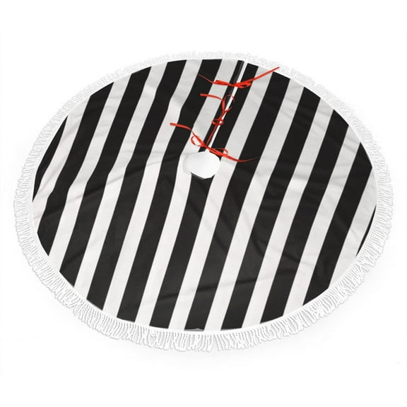 Black And White Stripes Christmas Tree Skirts with Tassel Decorations Indoor Outdoor for Holiday Party Home Decor 30"