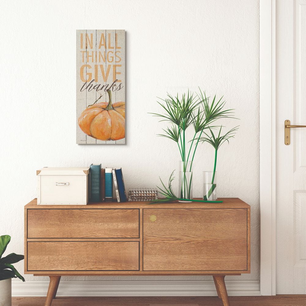 Stupell Industries Give Thanks Pumpkin Rustic Farm Fall Wood Textured Word Design Canvas Wall Art by Stephanie Workman Marrott