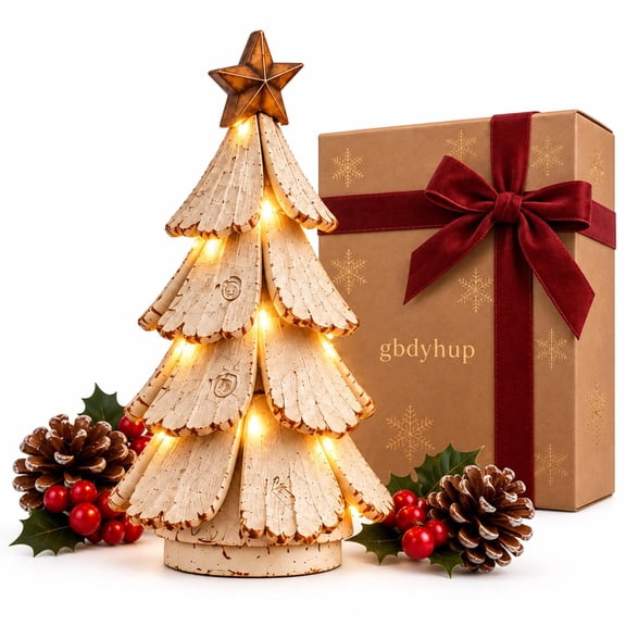 Vintage Lighted Christmas Tree Figurine Mini Tabletop Centerpiece Decor Nostalgic Winter Layered Pines Lamp with Warm LED Glow Festive Indoor Holiday Decor Ornament Gifts for Women